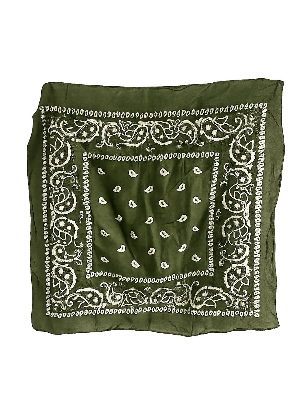 Vintage Olive Green Paisley Cotton Square Scarf - 19" x 21"